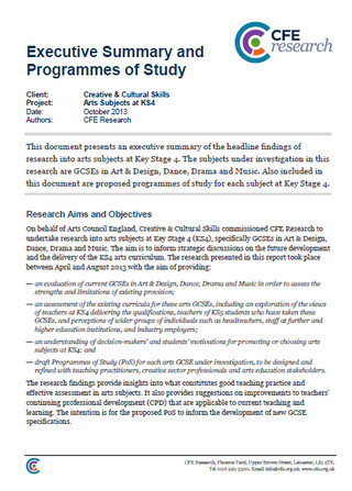 Arts Subjects at Key Stage 4: Executive Summary and Programmes of Study